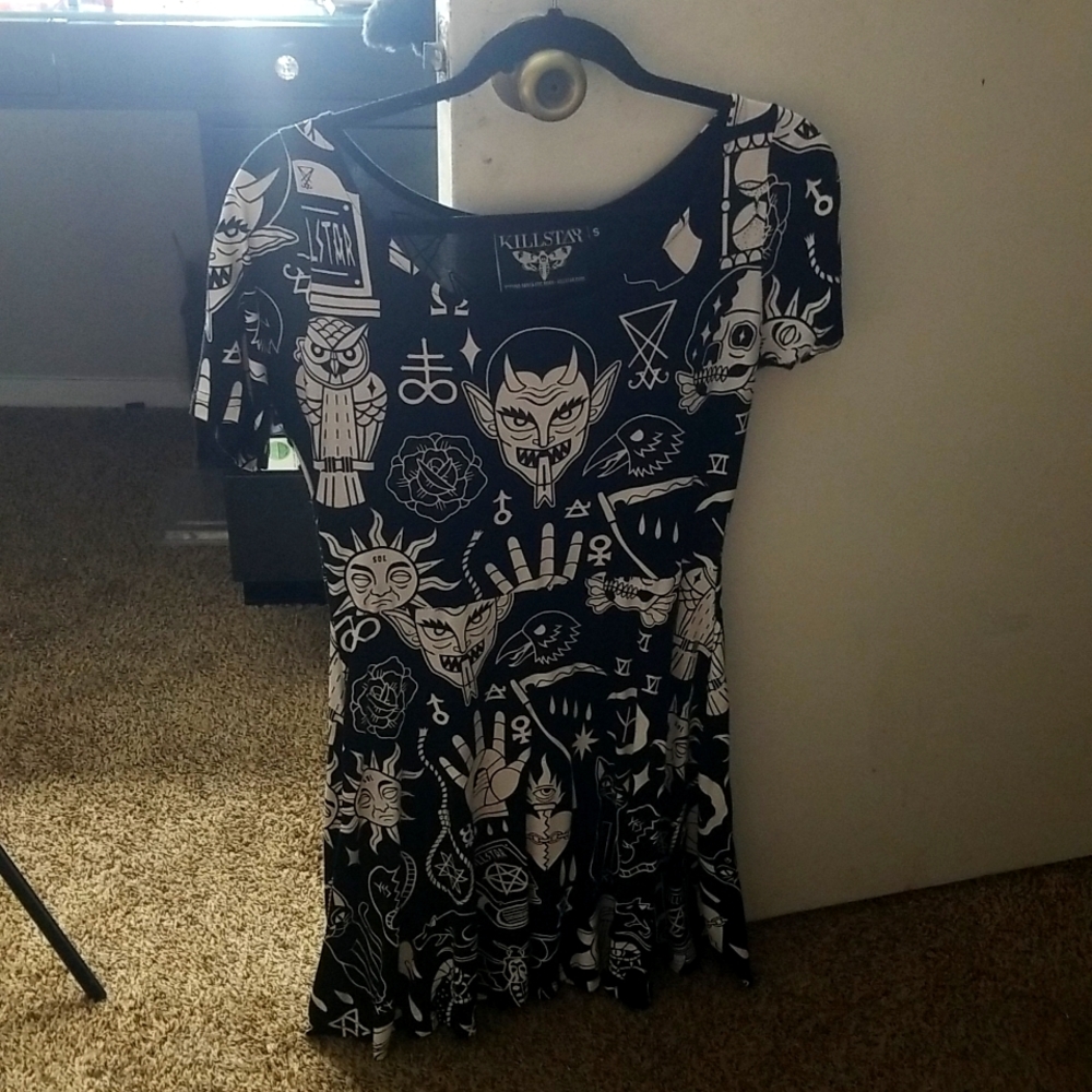 KILLSTAR WHICKED SKATER DRESS | Ready To Impress | Gothic Graphic Black Dress S
